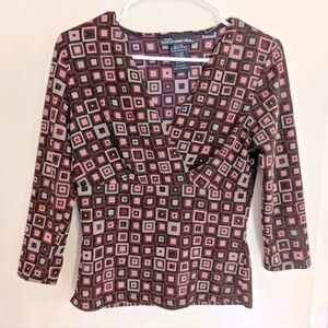 Vtg Y2K No Boundaries Size M 3/4 Sleeve Wrap Top Metallic Shimmer Pink And Black